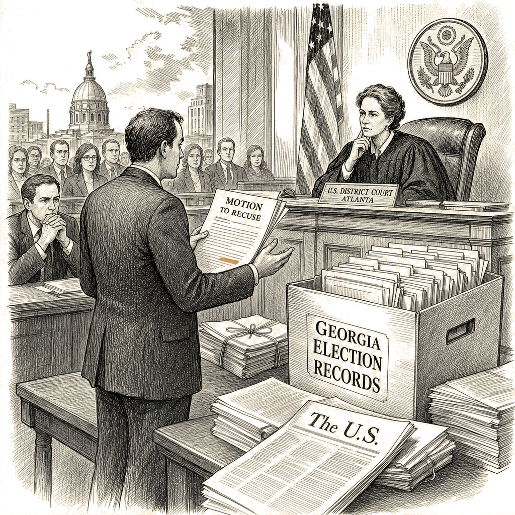 Illustration accompanying article: DOJ asks judge in Atlanta to recuse herself from Georgia election records