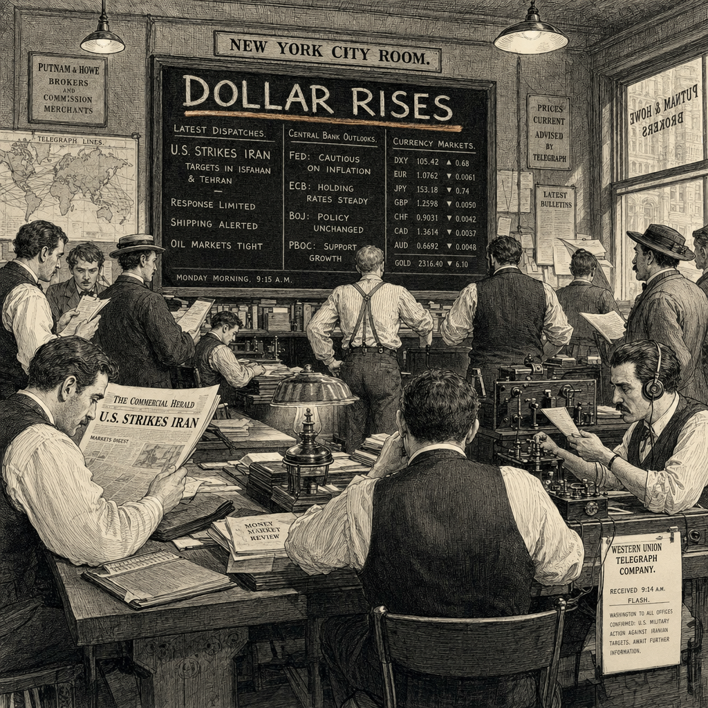 Illustration accompanying article: Dollar rises on U.S.-Iran strikes as central bank outlooks steer currencies