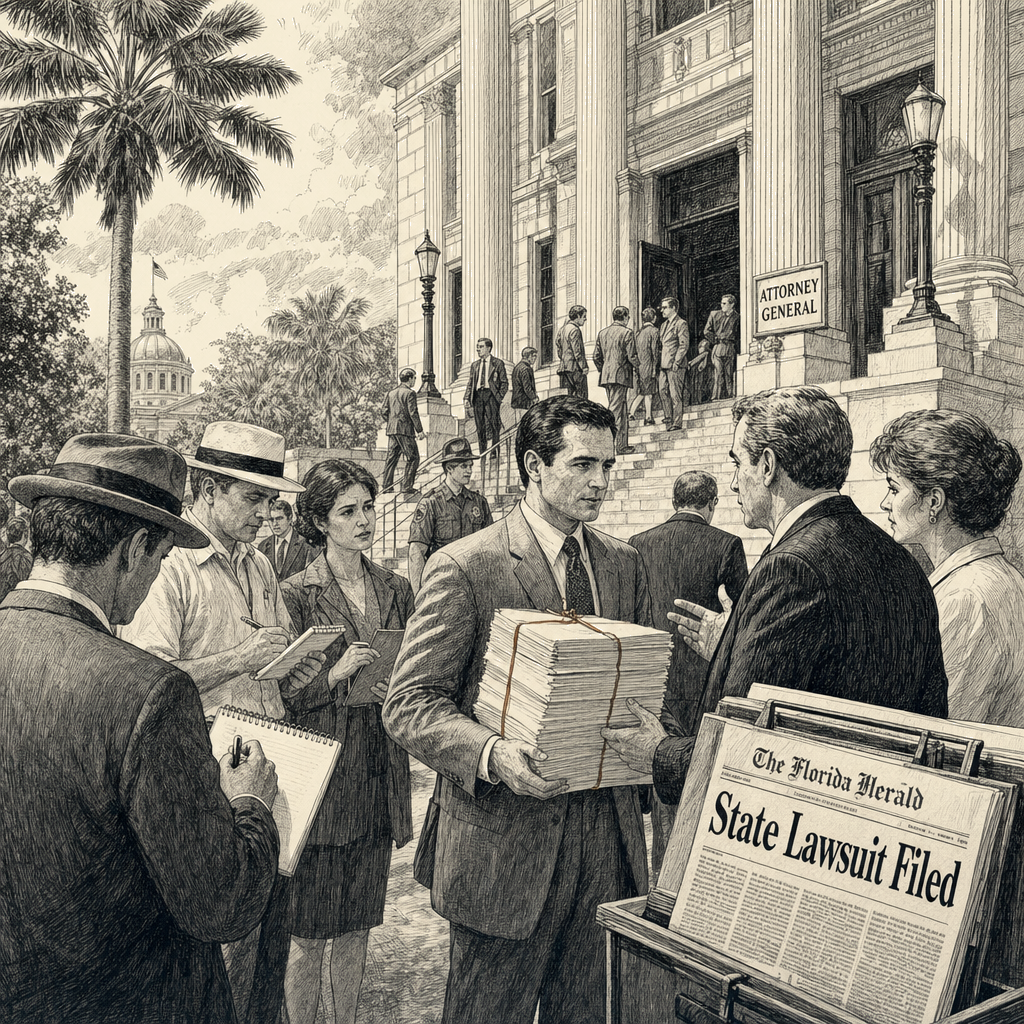 Illustration accompanying article: Florida files first state lawsuit against OpenAI over alleged harms