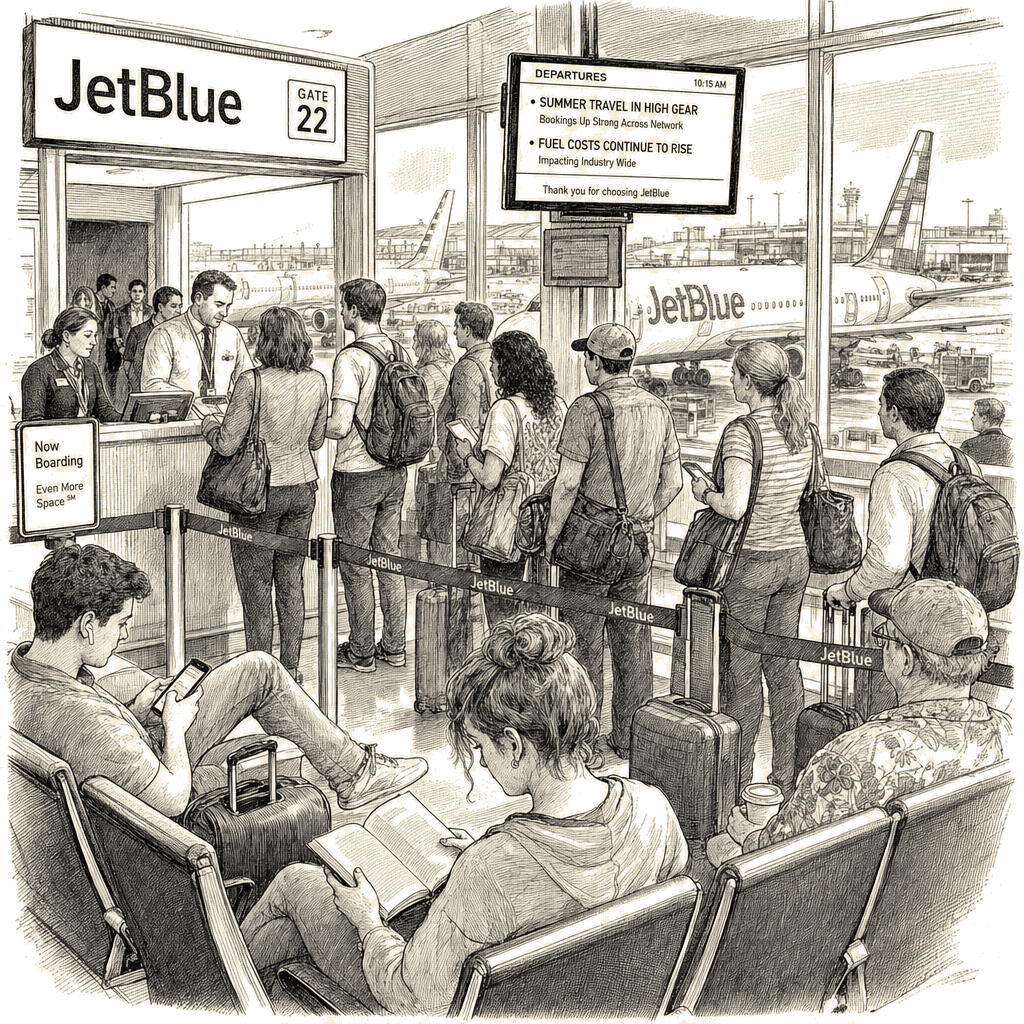 Illustration accompanying article: JetBlue raises second-quarter revenue outlook on strong travel demand