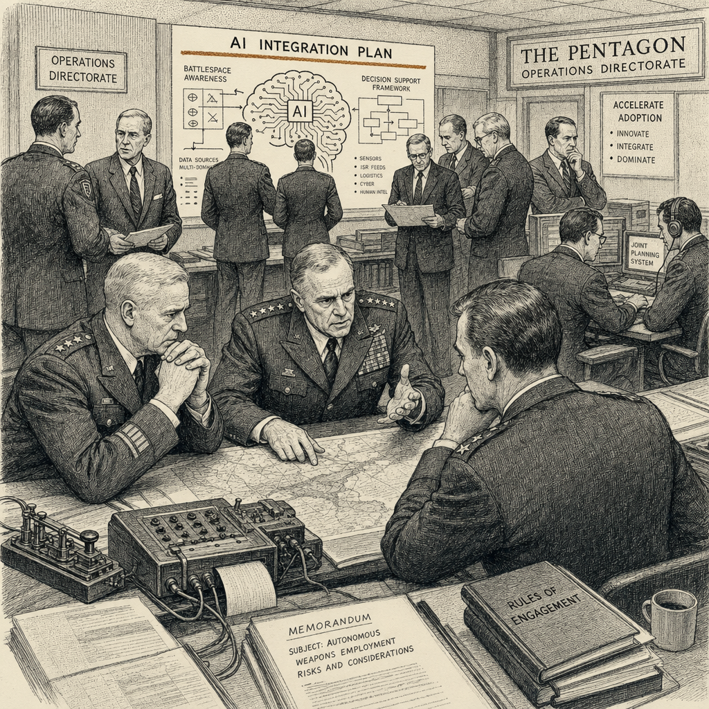 Illustration accompanying article: Military leaders urge caution on battlefield AI as Pentagon pushes adoption