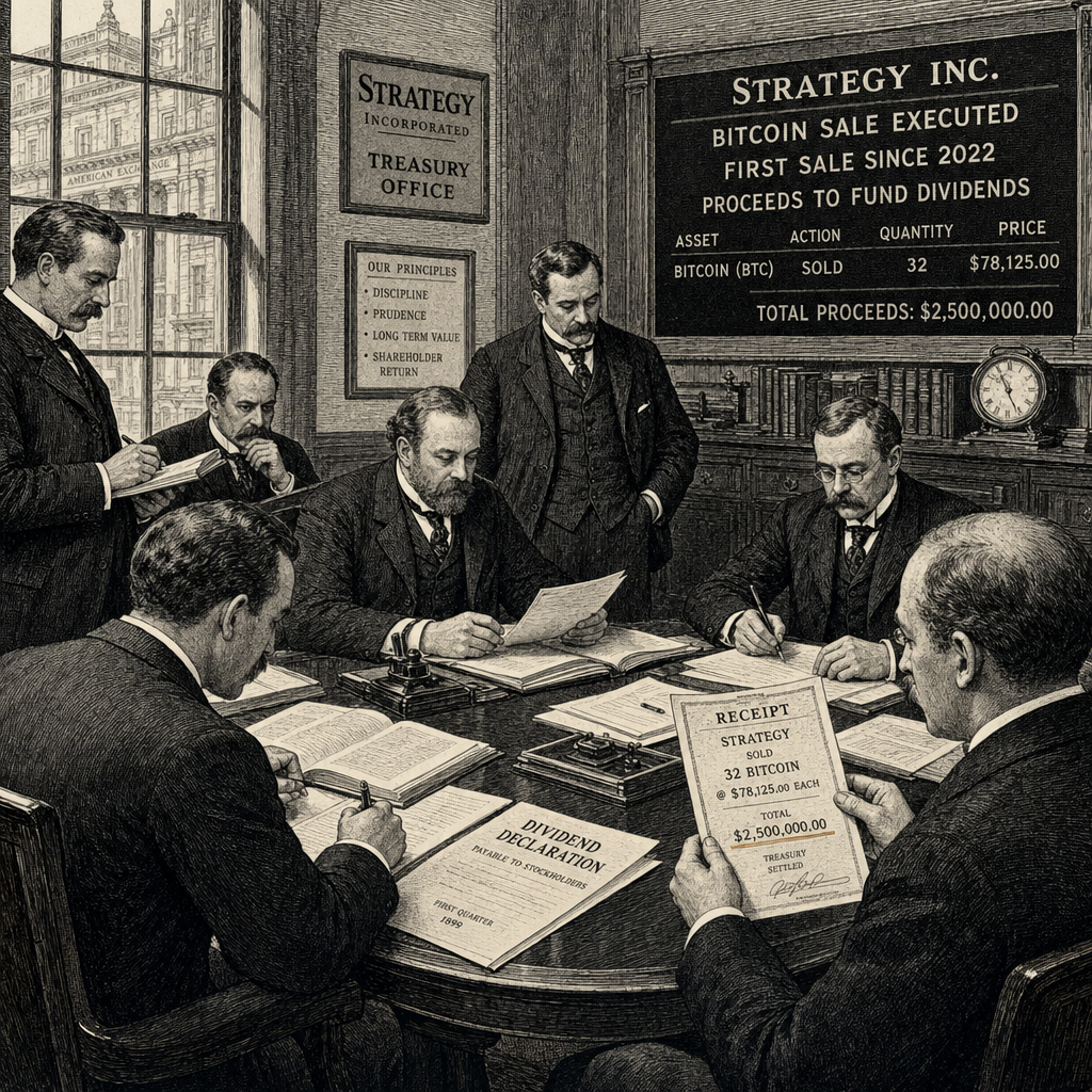 Illustration accompanying article: Strategy sells bitcoin for first time since 2022 to fund dividends