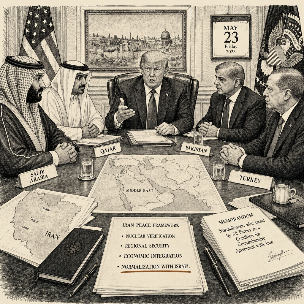 Illustration accompanying article: Trump demands Arab states join Abraham Accords as part of Iran deal