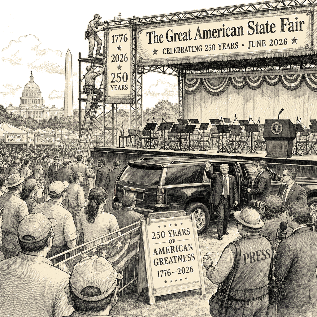 Illustration accompanying article: Trump to headline June 250th-anniversary fair after artists withdraw