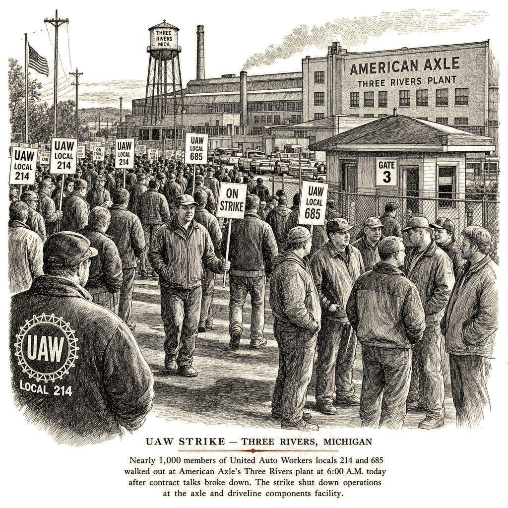 Illustration accompanying article: UAW workers strike at American Axle plant, halting key GM truck parts