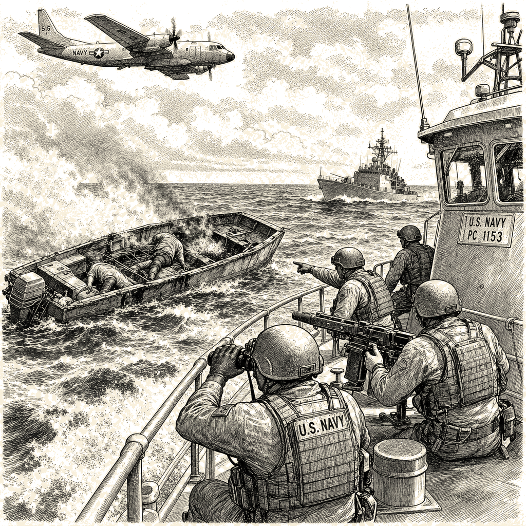 Illustration accompanying article: US military strike on alleged drug boat kills 3 in eastern Pacific