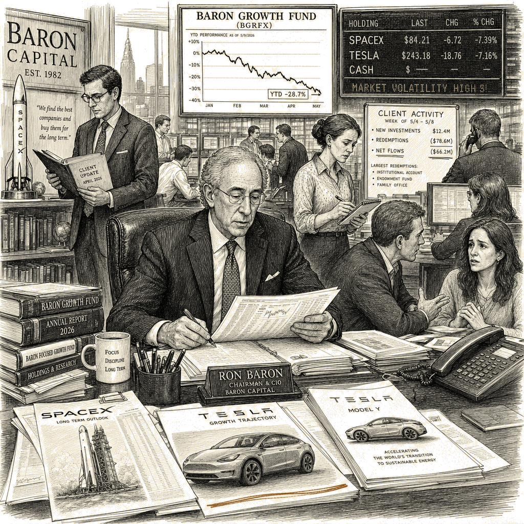Illustration accompanying article: Veteran investor Ron Baron bets heavily on Elon Musk's SpaceX and Tesla