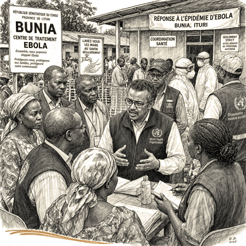 Illustration accompanying article: WHO chief visits Ebola epicenter in eastern Congo as cases surge past 900
