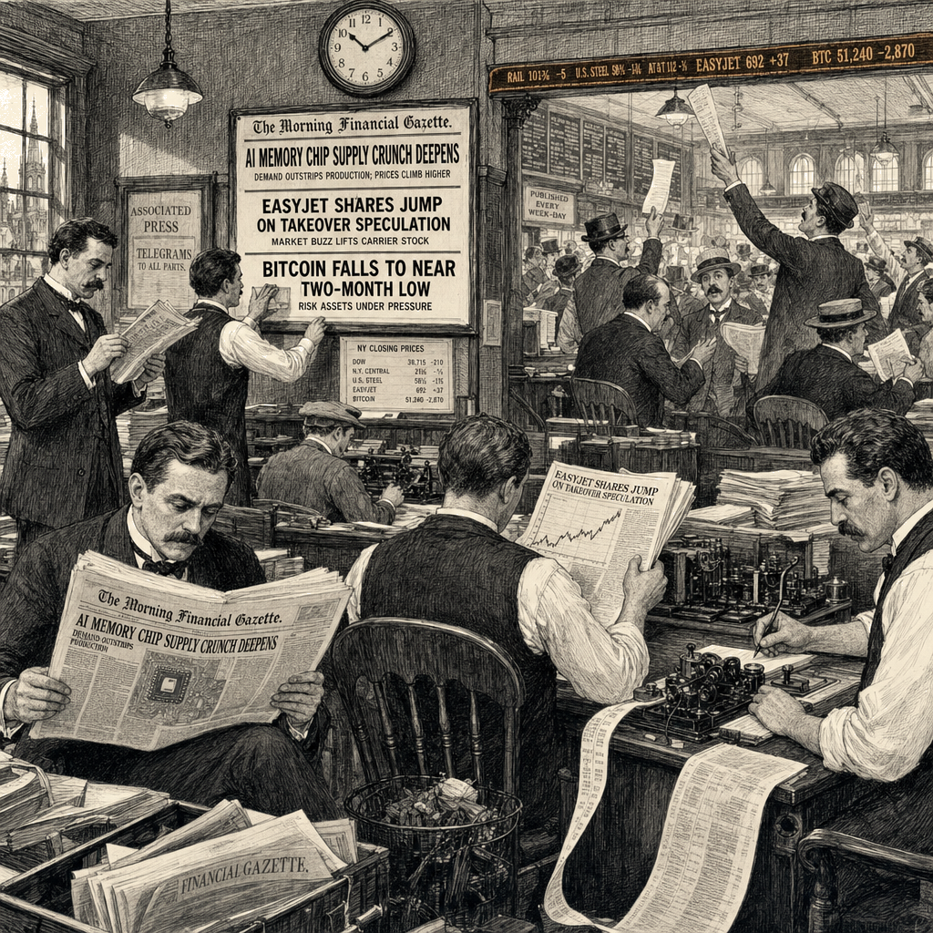 Illustration accompanying article: AI memory chip supply crunch deepens; easyJet jumps on takeover speculation; bitcoin falls