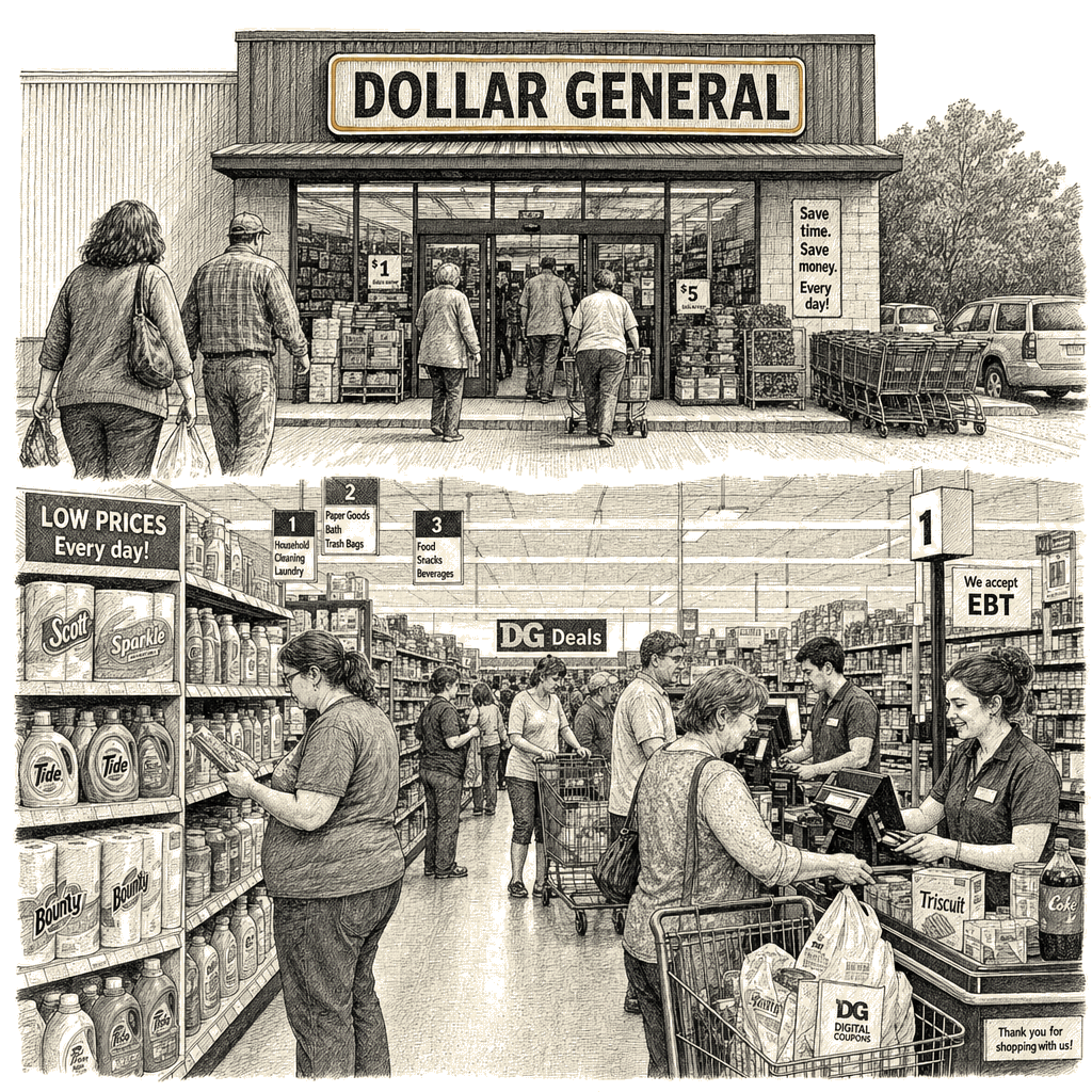 Illustration accompanying article: Dollar General profit jumps 13% as low-cost shoppers fuel sales beat