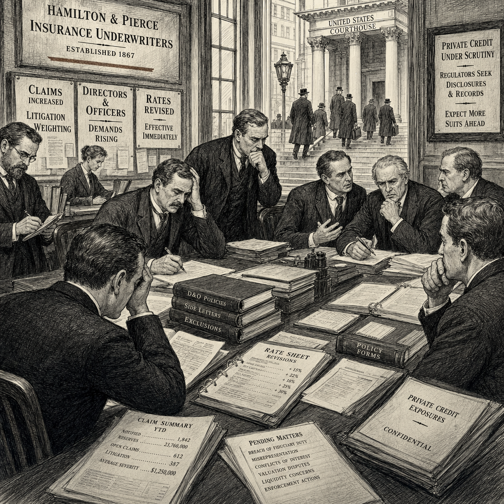 Illustration accompanying article: Insurers brace for wave of lawsuits and rate hikes in private-credit market