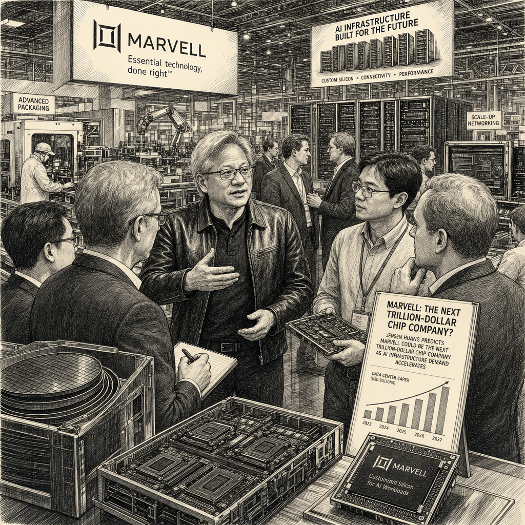 Illustration accompanying article: Nvidia's Huang predicts Marvell could join trillion-dollar chip club