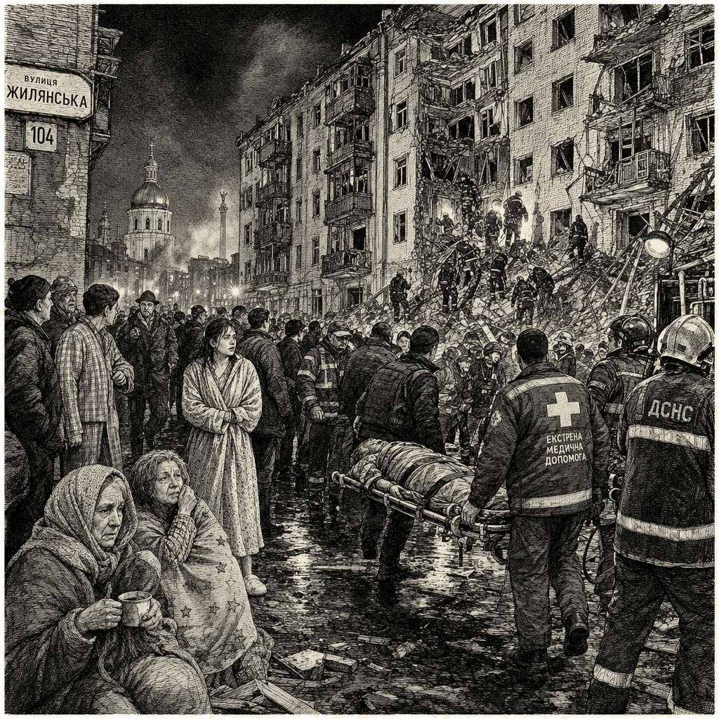 Illustration accompanying article: Russia kills 18 in third massive Kyiv attack in three weeks as front stalls