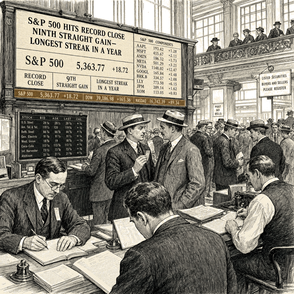 Illustration accompanying article: S&P 500 notches ninth straight gain, longest streak in a year