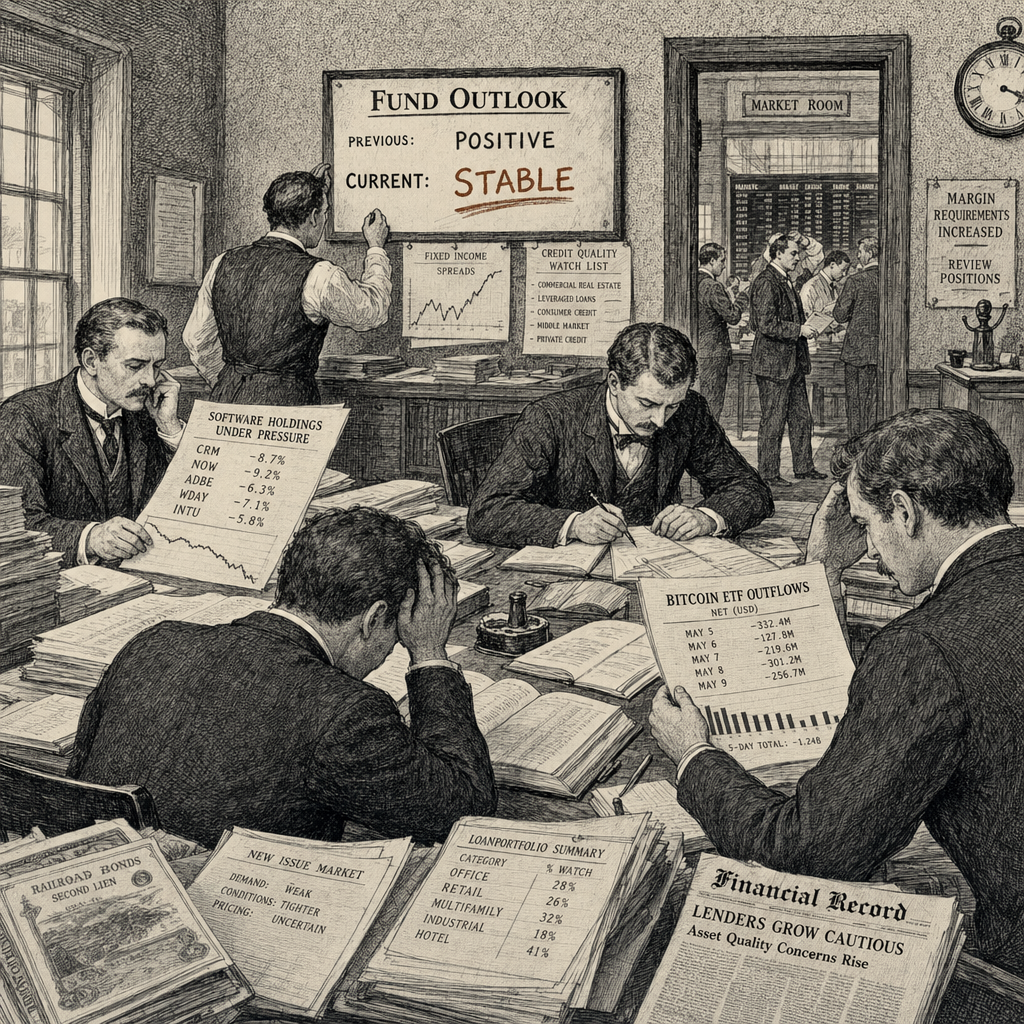 Illustration accompanying article: S&P cuts Blackstone lending fund outlook as bitcoin ETF outflows deepen