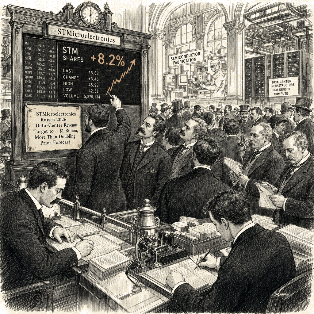 Illustration accompanying article: STMicroelectronics shares rally 8% after raising data-center revenue target