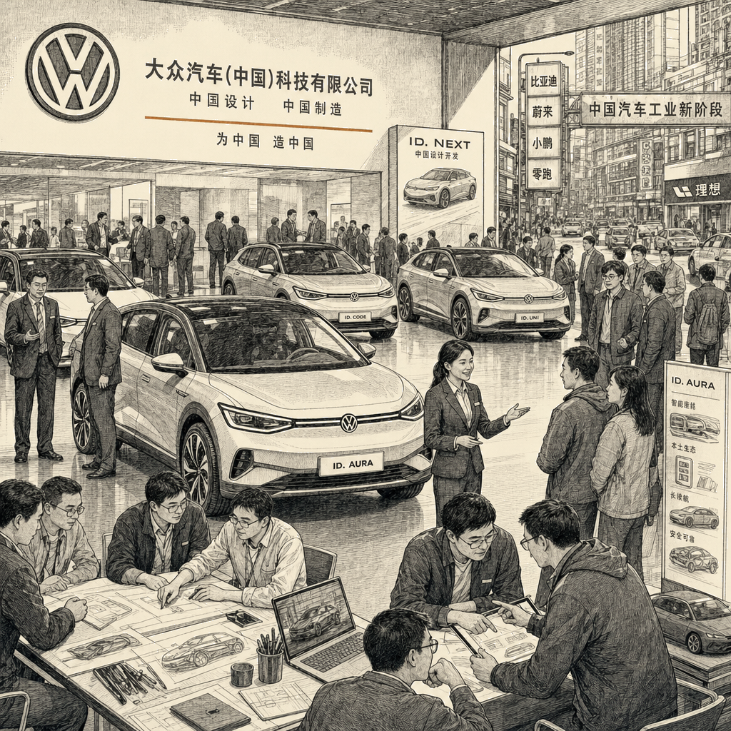 Illustration accompanying article: Volkswagen launches China-designed cars in bid to revive fading market share