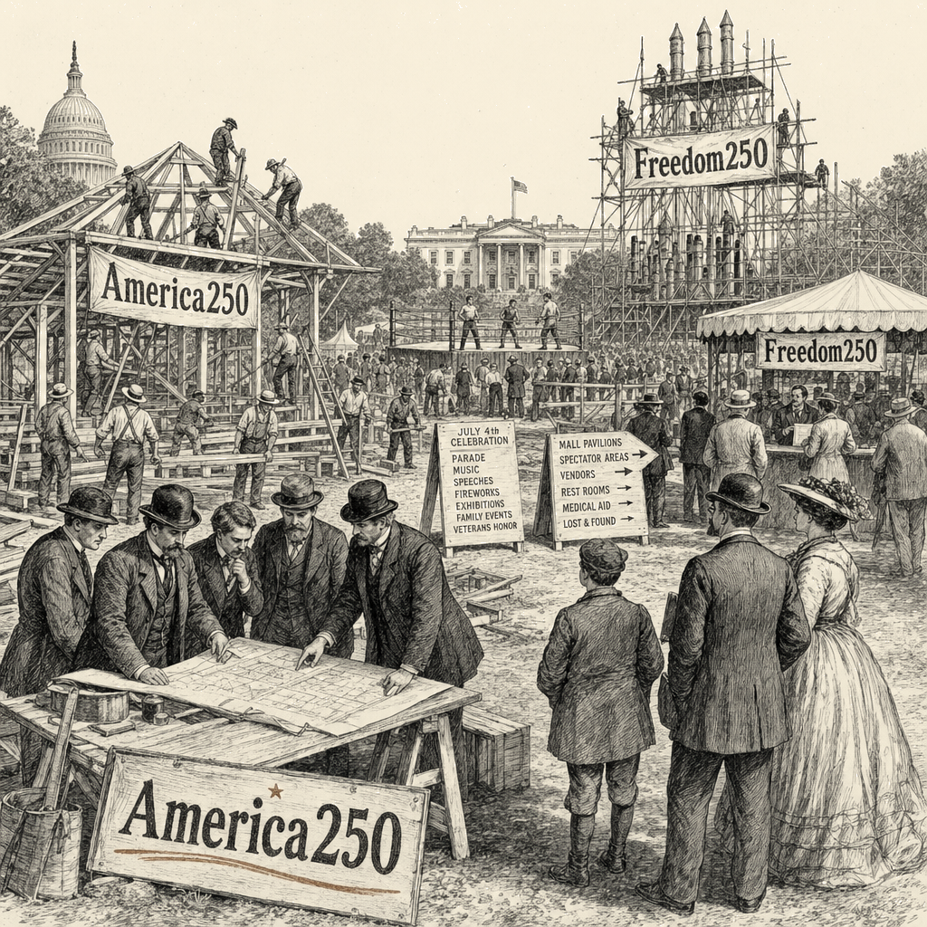 Illustration accompanying article: America prepares for 250th birthday celebrations amid politicization concerns