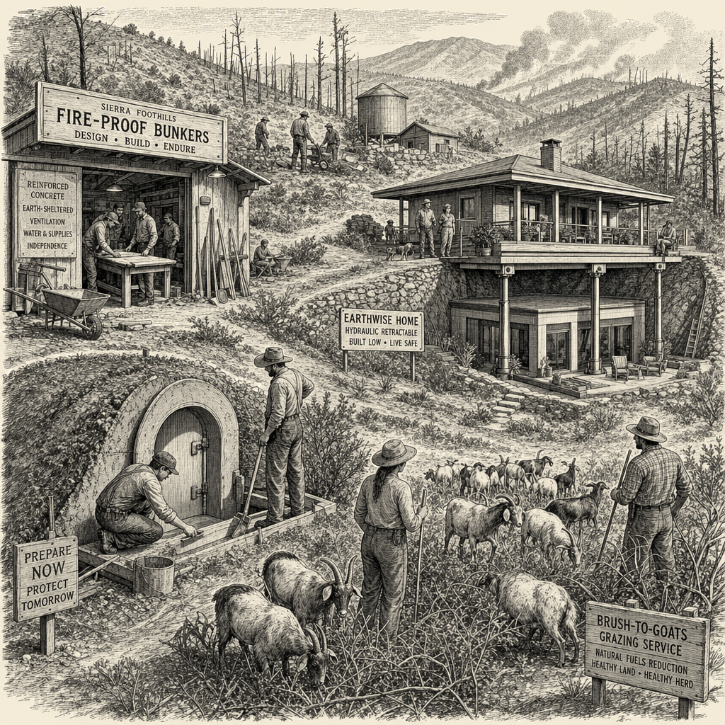 Illustration accompanying article: California wildfire survivors create bunkers, underground homes and goat herds