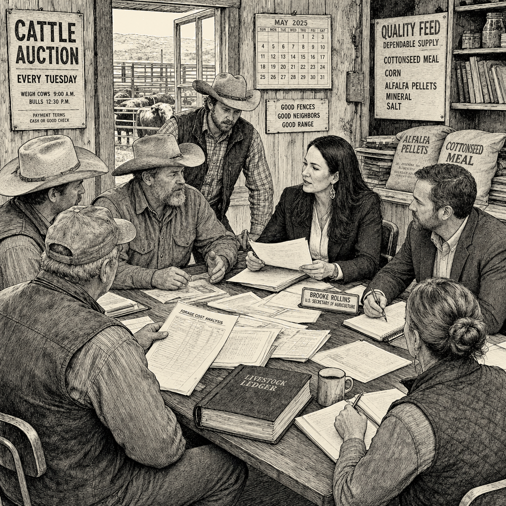 Illustration accompanying article: Fringe rancher group now advising Trump's agriculture team