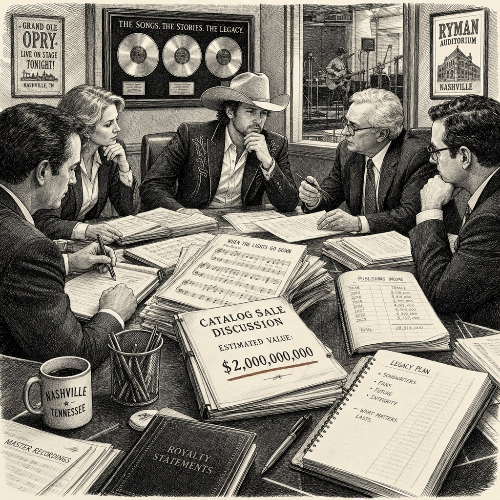 Illustration accompanying article: Garth Brooks Considers Sale of Music Catalog, Seeking Roughly $2 Billion