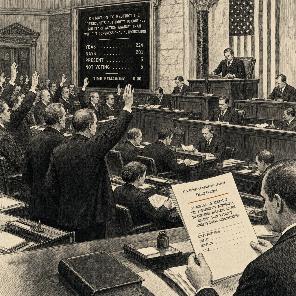 Illustration accompanying article: GOP-Led House Votes to Restrict Trump's Iran War Powers