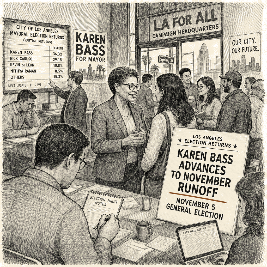 Illustration accompanying article: Karen Bass advances to LA mayoral runoff after falling short of majority