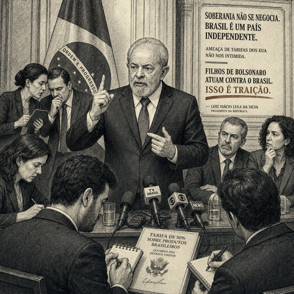 Illustration accompanying article: Lula accuses Bolsonaro sons of treason over U.S. tariff threat