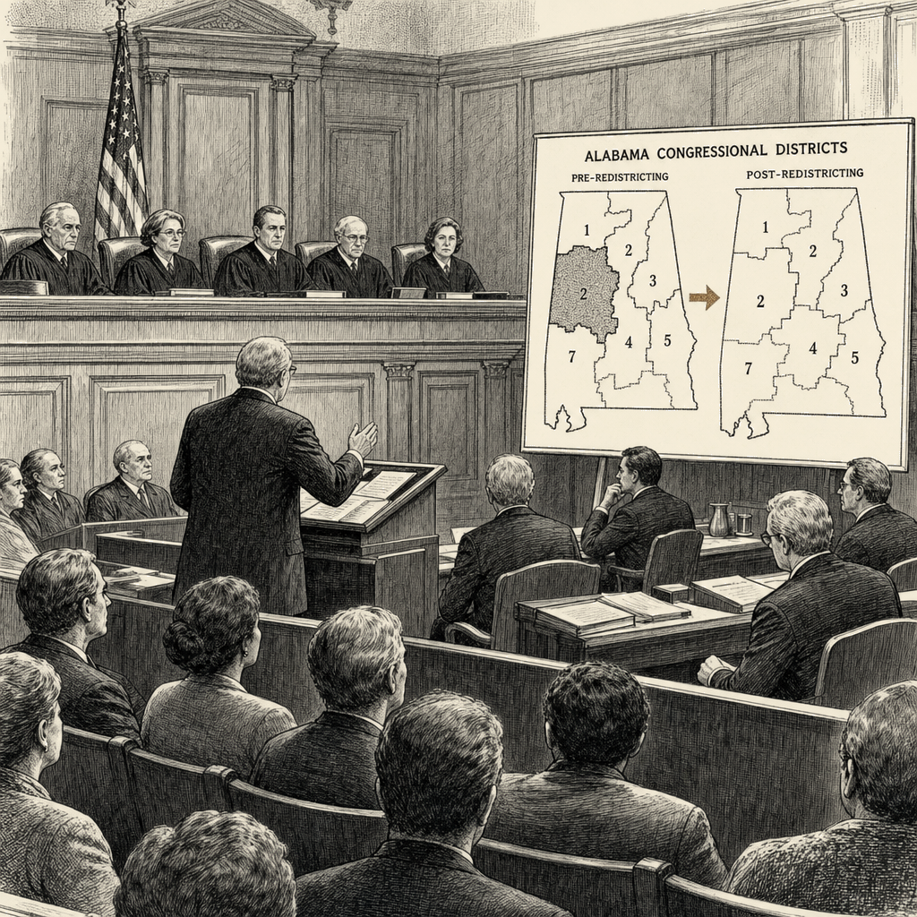 Illustration accompanying article: Supreme Court Allows Alabama to Use Map Eliminating Majority-Black District