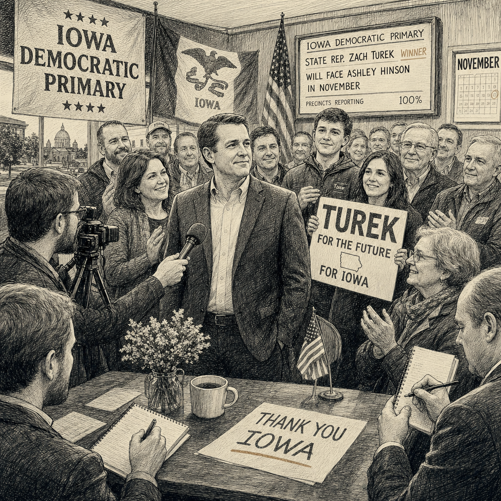 Illustration accompanying article: Turek wins Iowa Democratic Senate primary, will face Hinson in November