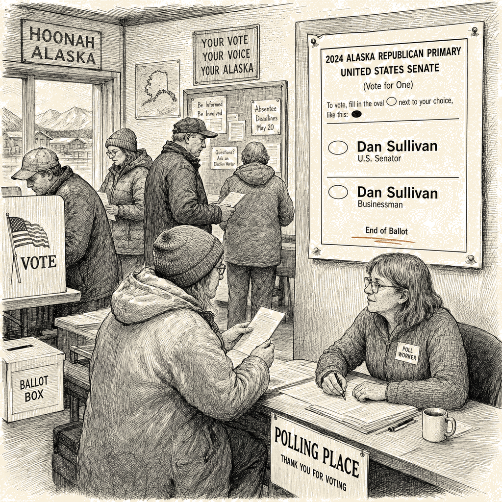 Illustration accompanying article: Two Dan Sullivans appear on Alaska Senate primary ballot