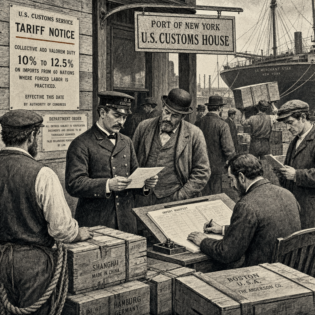 Illustration accompanying article: US imposes 10-12.5% tariffs on 60 nations over forced labor concerns