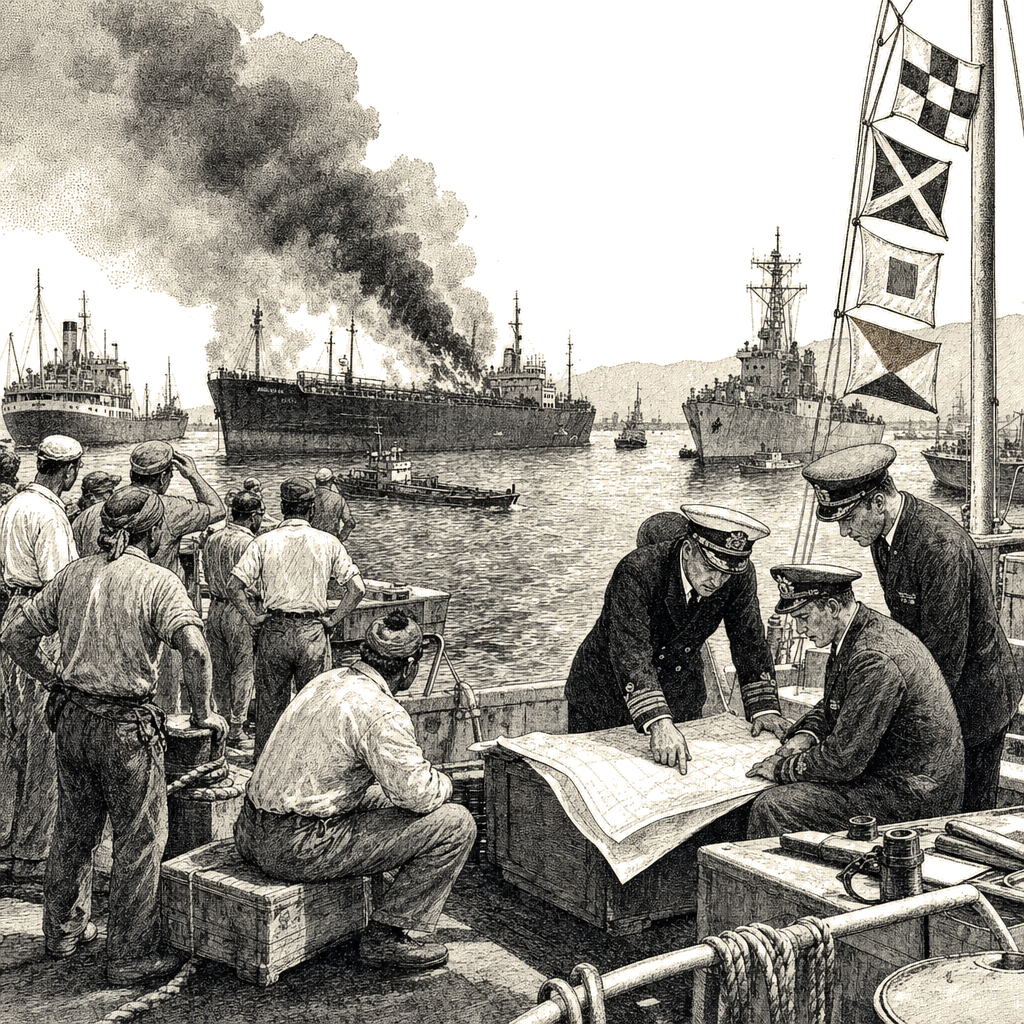 Illustration accompanying article: US, Iran Trade Heavy Fire in Persian Gulf, Testing Fragile Ceasefire