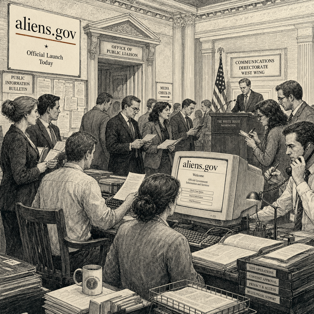 Illustration accompanying article: White House aliens.gov website fuses X-Files style with immigration enforcement