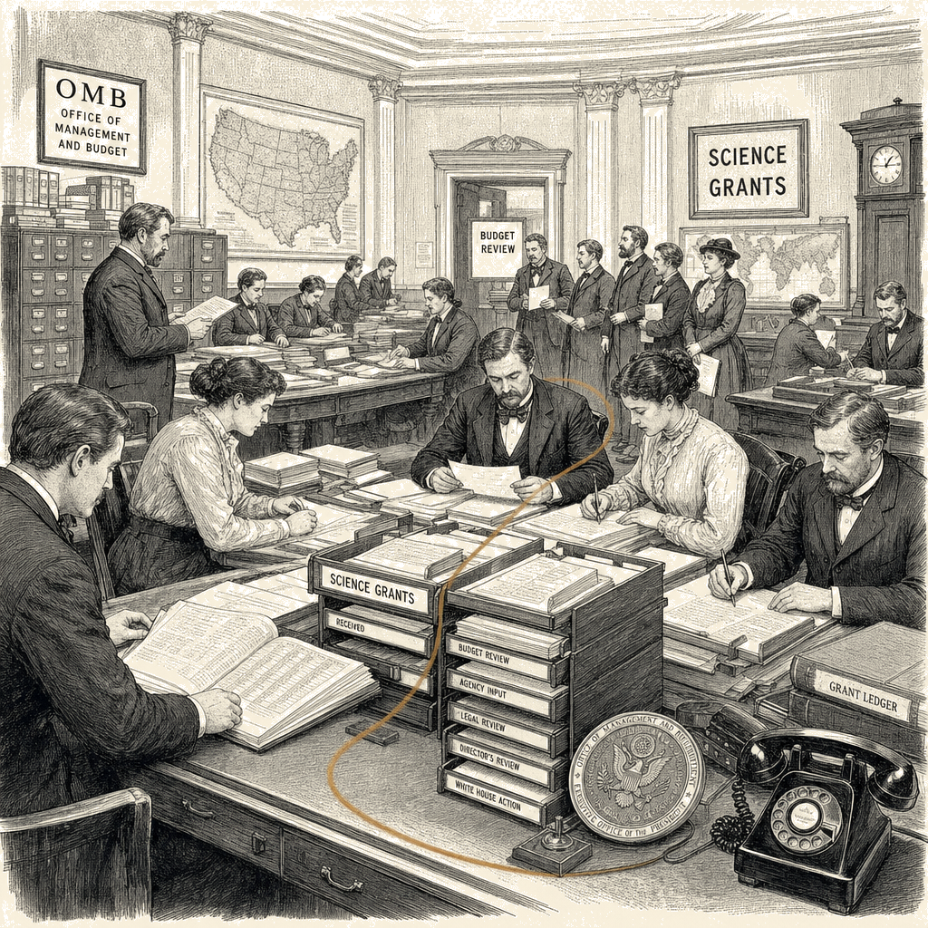 Illustration accompanying article: White House moves to centralize control of billions in science grants