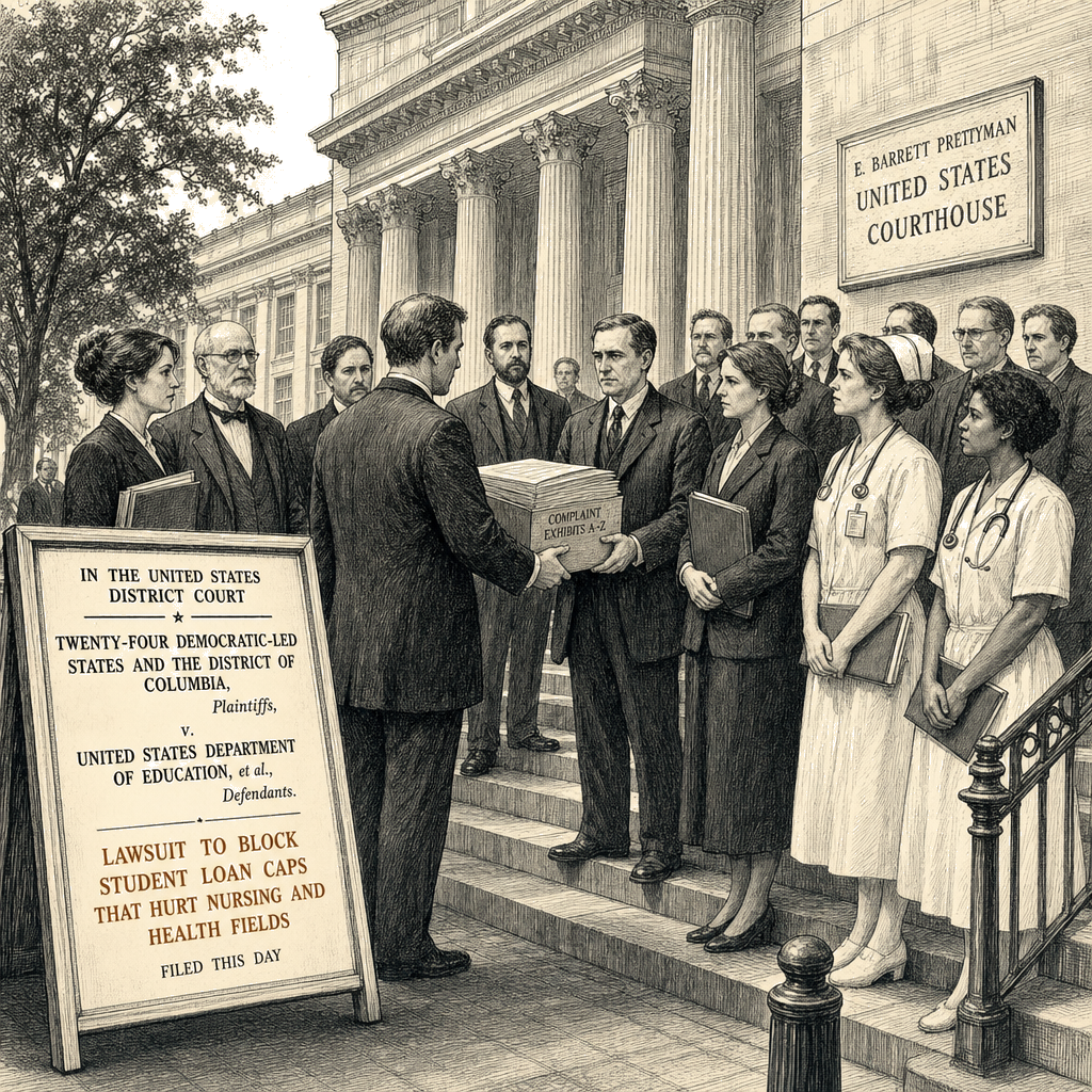 Illustration accompanying article: Democratic-led states sue to block student loan caps for nursing, health