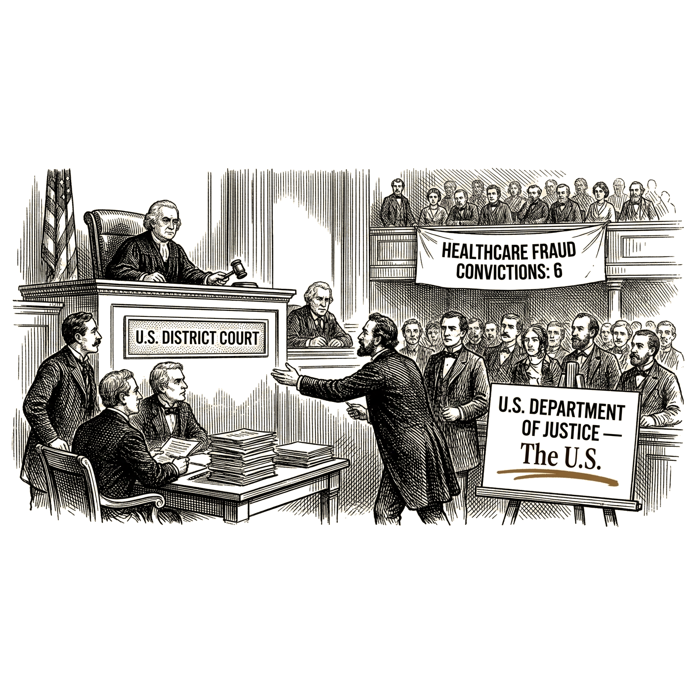 Illustration accompanying article: DOJ secures 6 healthcare fraud convictions in 3 weeks