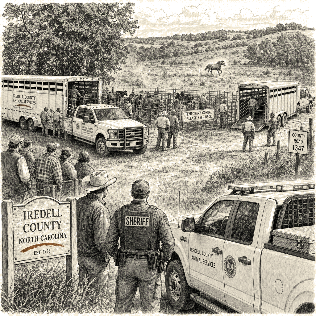 Illustration accompanying article: Nine wild mustangs captured in North Carolina; one remains loose