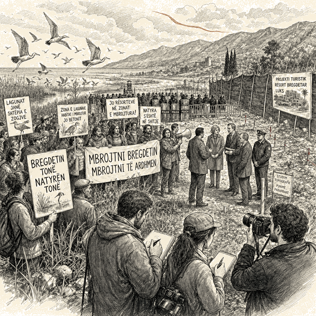 Illustration accompanying article: Protests grow in Albania over Trump-linked luxury resort project
