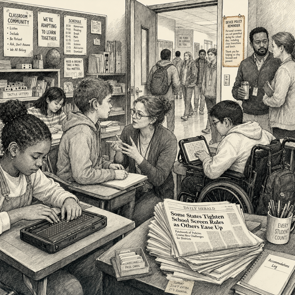 Illustration accompanying article: School screen bans risk isolating millions of students with disabilities