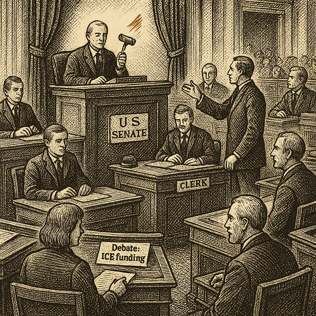 Illustration accompanying article: Senate resumes debate on ICE funding after anti-weaponization fund dispute