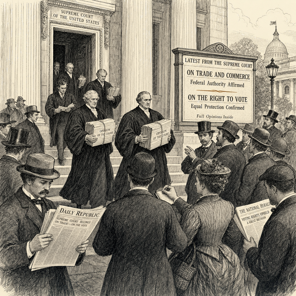Illustration accompanying article: Supreme Court term yields blockbuster rulings on trade, voting rights