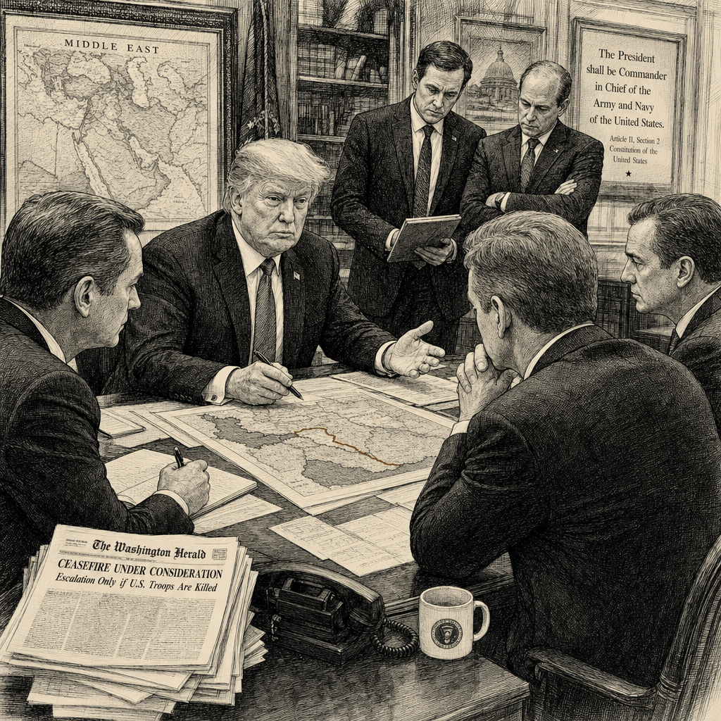 Illustration accompanying article: Trump says he won't resume all-out Iran war unless US troops killed