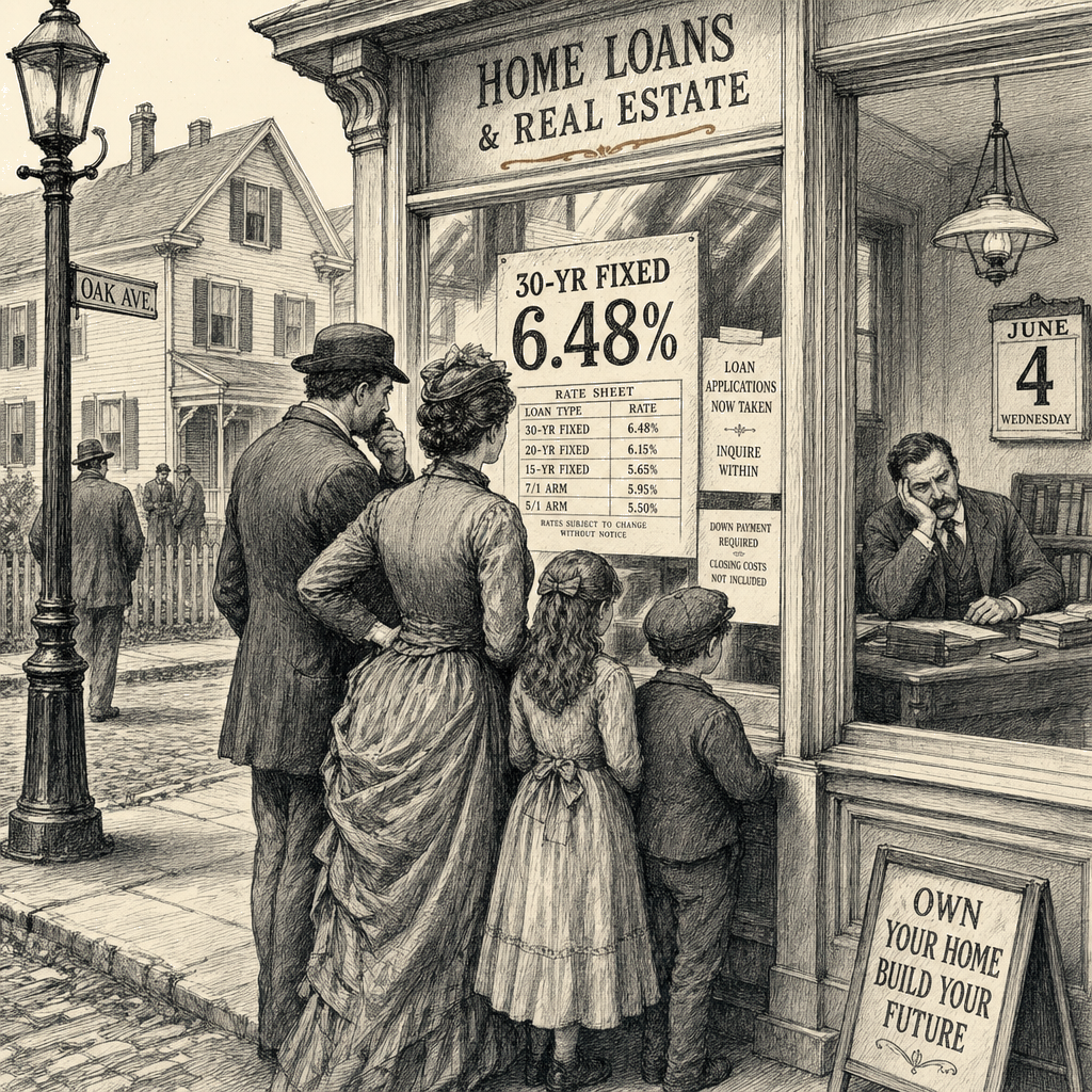 Illustration accompanying article: 30-year mortgage rate holds at 6.48% as Fed's limited influence frustrates