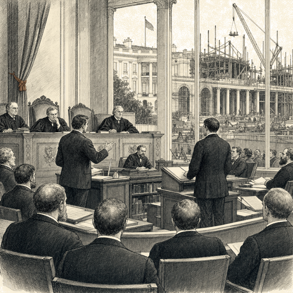 Illustration accompanying article: Appeals court hears Trump White House ballroom case as construction continues