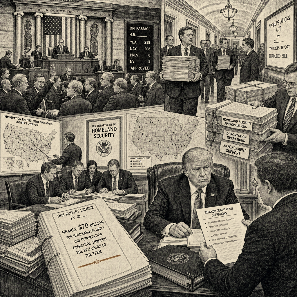Illustration accompanying article: Congress sends Trump nearly $70B to fund deportation agenda
