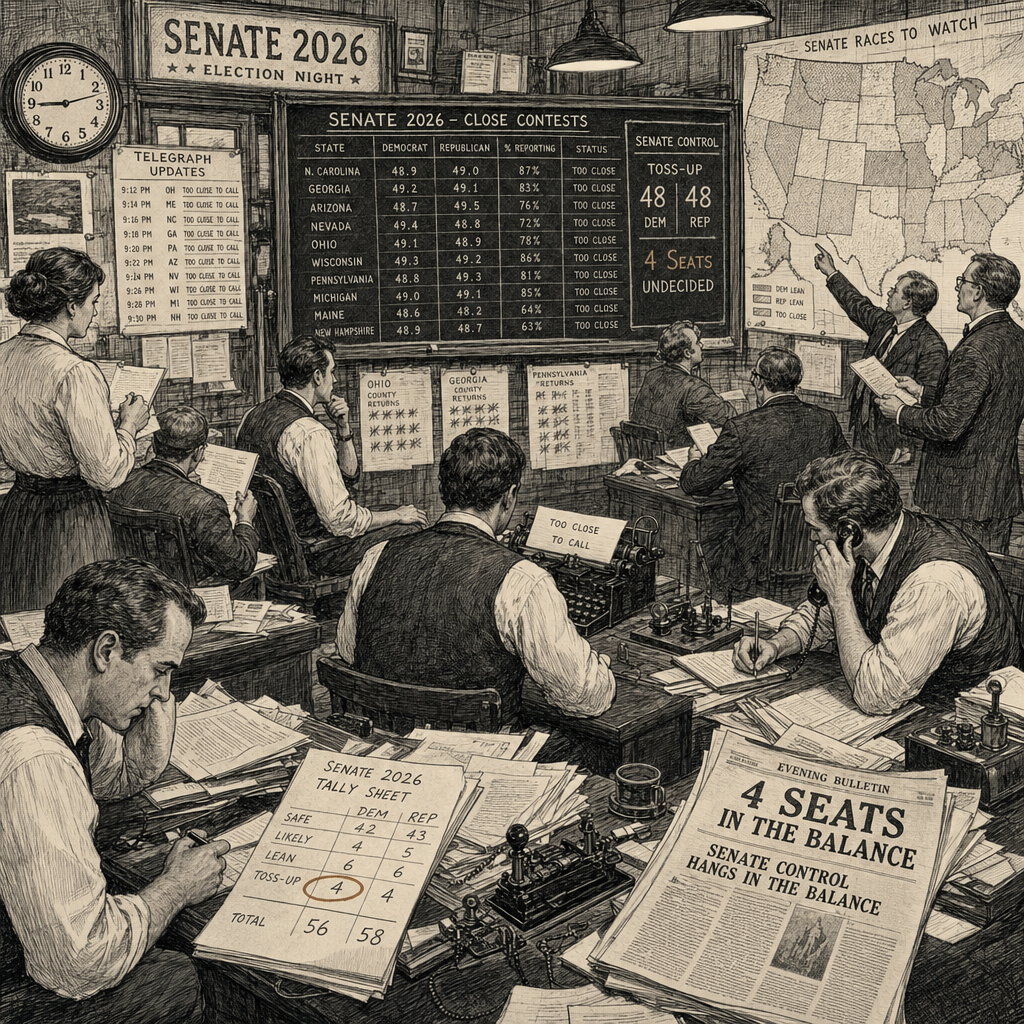 Illustration accompanying article: Democrats need four Senate seats as 2026 races show unpredictability