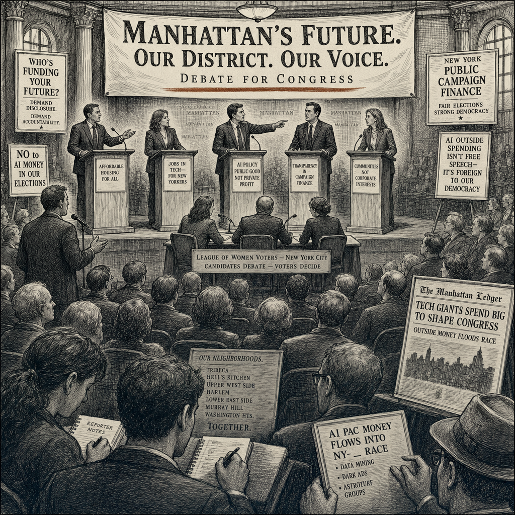 Illustration accompanying article: Democrats spar over AI money in fiery Manhattan debate