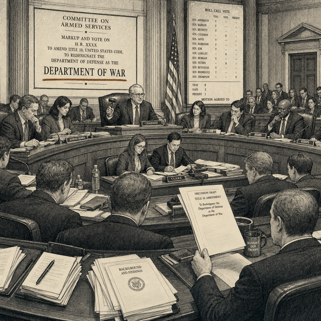 Illustration accompanying article: House panel votes to codify 'Department of War' name change