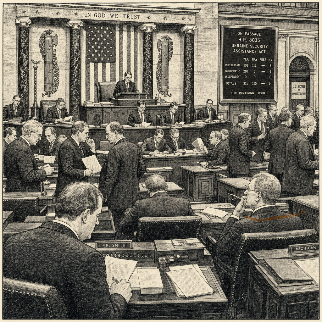 Illustration accompanying article: House passes Ukraine aid bill in second break with Trump this week
